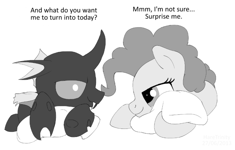 Size: 900x574 | Tagged: artist:haretrinity, bedroom eyes, changeling, derpibooru import, doomie, doomie pie, eye contact, fetish, monochrome, pillow, pinkie pie, prone, safe, shipping, simple background, smiling, speech bubble, transparent background