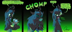 Size: 1280x576 | Tagged: artist:omny87, bugs doing bug things, cannibalism, changeling, changeling larva, changeling queen, chomp, comic, dark comedy, eye contact, eyes closed, eyeshadow, female, floppy ears, frown, gradient background, grub, hard vore, hoof hold, infanticide, looking at each other, looking at you, makeup, nymph, open mouth, puffy cheeks, queen chrysalis, raised eyebrow, semi-grimdark, smiling, speech bubble, text, vore