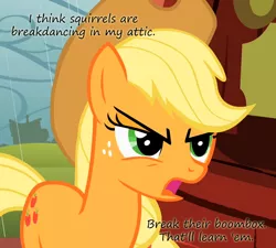 Size: 800x720 | Tagged: angry, applejack, attic, boombox, breakdancing, derpibooru import, insane pony thread, safe, solo, squirrel, tumblr