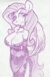 Size: 707x1088 | Tagged: anthro, artist:trollie trollenberg, bedroom eyes, breasts, busty fluttershy, cleavage, clothes, derpibooru import, dress, female, fluttershy, monochrome, solo, solo female, suggestive, traditional art
