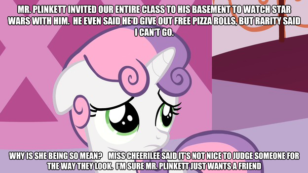 Size: 624x350 | Tagged: semi-grimdark, derpibooru import, edit, edited screencap, screencap, sweetie belle, pony, unicorn, caption, female, filly, image macro, implied foalcon, naive sweetie belle, naivete of youth, plinkett, red letter media, sad, solo, stranger danger, unfortunate implications