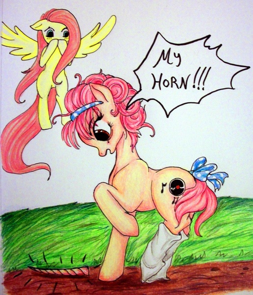 Size: 1336x1556 | Tagged: safe, artist:divinekitten, derpibooru import, fluttershy, oc, oc:sock hop, earth pony, pony, bow, broken horn, clothes, dialogue, grass, socks, tail bow, traditional art, white socks