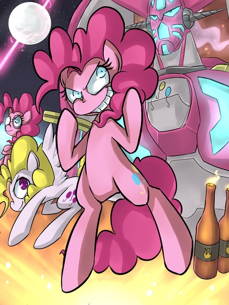 Size: 2700x3600 | Tagged: artist:uc77, derpibooru import, g1, g1 to g4, generation leap, getter robo, hotblooded pinkie pie, pinkie pie, safe, surprise