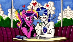 Size: 1440x840 | Tagged: anthro, artist:newyorkx3, derpibooru import, heart, milkshake, ponytail, princess cadance, restaurant, safe, shining armor, table, traditional art