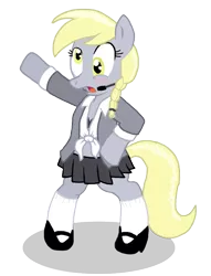 Size: 650x850 | Tagged: safe, artist:shutterflye, derpibooru import, derpy hooves, pony, ...baby one more time, bipedal, blushing, britney spears, clothes, mary janes, parody, schoolgirl, solo, song reference