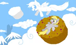 Size: 801x481 | Tagged: safe, artist:shutterflye, derpibooru import, derpy hooves, pegasus, pony, cloud, cloudy, female, mare, muffin, solo