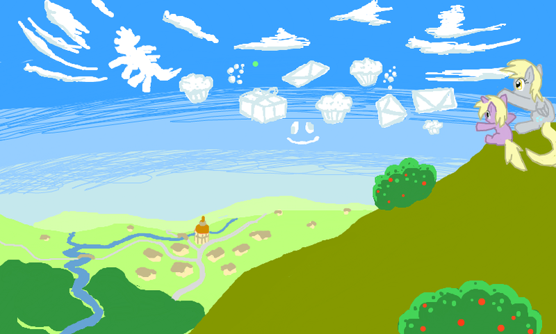 Size: 801x481 | Tagged: safe, artist:shutterflye, derpibooru import, derpy hooves, dinky hooves, pegasus, pony, cloud, cloudy, female, imagination, mail, mare, muffin, ponyville, scenery, sky