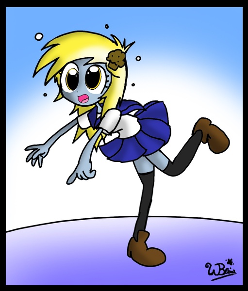 Size: 1275x1498 | Tagged: safe, artist:neoncabaret, derpibooru import, derpy hooves, clothes, humanized, muffin, skinny, solo