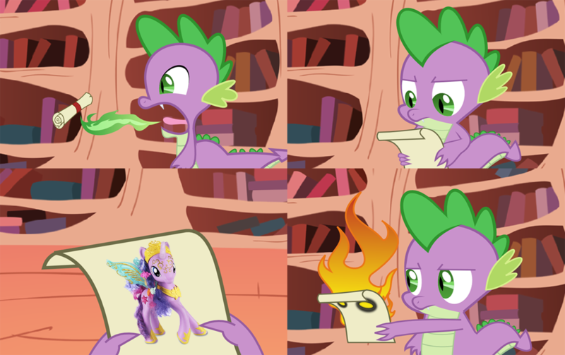 Size: 1200x755 | Tagged: safe, artist:agrol, derpibooru import, spike, twilight sparkle, twilight sparkle (alicorn), alicorn, pony, burp, comic, dragon mail, exploitable meme, female, fire, golden oaks library, green fire, letter, letter to spike, mare, toy