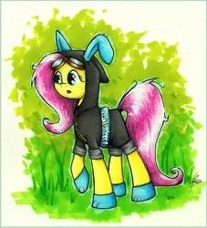 Size: 800x882 | Tagged: safe, artist:moonlightfl, derpibooru import, fluttershy, pegasus, pony, rabbit, magic duel, bunny ears, clothes, cute, dangerous mission outfit, female, goggles, hoodie, mare, markers, solo, traditional art, tree