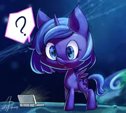 Size: 3138x2828 | Tagged: 3ds, artist:jggjqm522, curious, cute, derpibooru import, filly, frown, gamer luna, high res, moon, nintendo ds, planet, princess luna, question mark, safe, solo, space, spread wings, starry eyes, wide eyes, wingding eyes, woona, younger