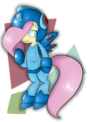 Size: 1230x1673 | Tagged: safe, artist:8-blit-poni, derpibooru import, fluttershy, pony, bipedal, cosplay, crossover, dressup, megaman, megamare, solo