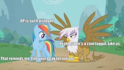 Size: 960x540 | Tagged: safe, derpibooru import, gilda, rainbow dash, gryphon, female, gildash, image macro, lesbian, op is a faggot, vulgar