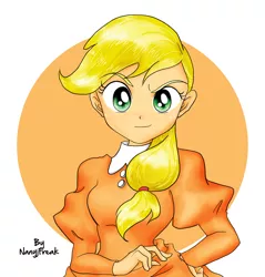Size: 1600x1676 | Tagged: applejack, artist:nancysauria, braid, clothes, derpibooru import, dress, female, freckles, humanized, looking at you, safe, signature, smiling, solo
