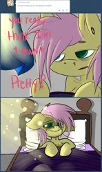 Size: 912x1540 | Tagged: safe, artist:extradan, artist:kittentoots, derpibooru import, fluttershy, pony, bed, bed mane, comic, drunkershy, morning ponies, solo, tumblr