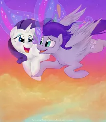 Size: 782x900 | Tagged: safe, artist:celestiathegreatest, derpibooru import, rarity, oc, pegasus, pony, unicorn, butterfly wings, canon x oc, cloud, cloudy, dream, flying, holding hooves, loving gaze, shipping