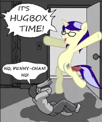 Size: 356x426 | Tagged: derpibooru import, door, goofy time, hape, hug, imageboard, imma snuggle you, meme, oc, oc:pennychan, ponychan, reaction image, safe, text, unofficial characters only