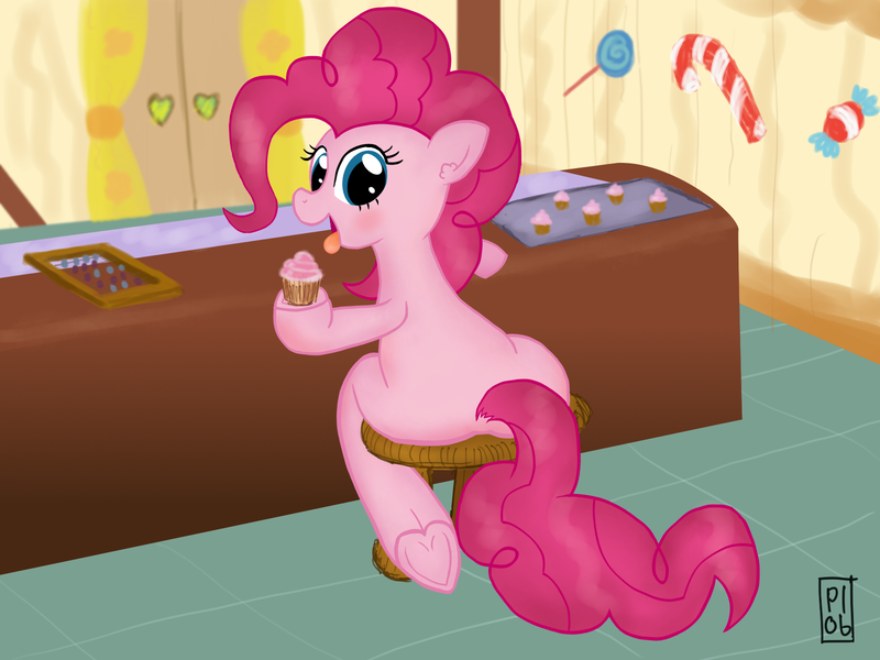 Size: 1600x1200 | Tagged: suggestive, artist:plotobsession, derpibooru import, pinkie pie, cupcake, female, shop, shopkeeper, solo, solo female, sugarcube corner