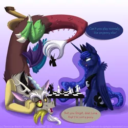 Size: 900x900 | Tagged: artist:inuhoshi-to-darkpen, chess, derpibooru import, discord, female, lunacord, male, prehensile tail, princess luna, safe, shipping, straight, table, tail hold, upside down
