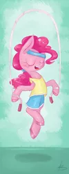 Size: 2000x5000 | Tagged: safe, artist:kyaokay, derpibooru import, pinkie pie, pony, bipedal, clothes, fangs, headband, jump rope, pants, shirt, skipping, solo, workout outfit