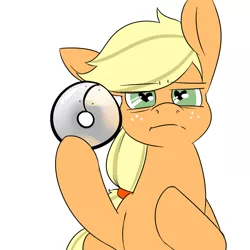 Size: 1000x1000 | Tagged: safe, artist:koportable, derpibooru import, applejack, ask applejack, applejackasks, donut steel, pun, simple background, solo, visual pun, wingding eyes
