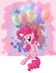 Size: 1000x1299 | Tagged: safe, artist:lordyanyu, derpibooru import, pinkie pie, pony, balloon, cute, diapinkes, floating, flying, open mouth, solo, then watch her balloons lift her up to the sky