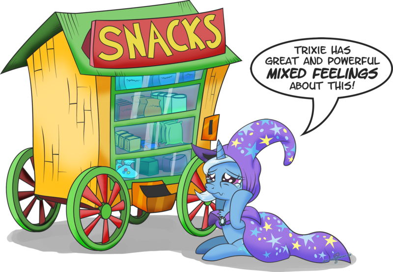 Size: 2000x1387 | Tagged: safe, artist:gray--day, derpibooru import, trixie, pony, unicorn, conflicted, crackers, crossing the memes, crying, female, food, mare, peanut butter, peanut butter crackers, simple background, snacks, solo, speech bubble, that pony sure does love peanut butter crackers, transparent background, vending machine, wagon, wheel, wheels trixie