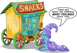 Size: 2000x1387 | Tagged: safe, artist:gray--day, derpibooru import, trixie, pony, unicorn, conflicted, crackers, crossing the memes, crying, female, food, mare, peanut butter, peanut butter crackers, simple background, snacks, solo, speech bubble, that pony sure does love peanut butter crackers, transparent background, vending machine, wagon, wheel, wheels trixie