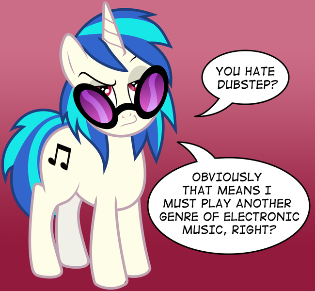 Size: 1950x1800 | Tagged: derpibooru import, drama, dubstep, fanon, meta, music, music snob vinyl, reaction image, safe, solo, speech bubble, stereotype, vinyl scratch