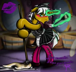 Size: 919x870 | Tagged: suggestive, artist:jamescorck, derpibooru import, oc, oc:hoover sweeps, unofficial characters only, pony, bipedal, bipedal leaning, blushing, clothes, crossdressing, leaning, levitation, magic, maid, male, mop, solo, solo male, sweat, telekinesis