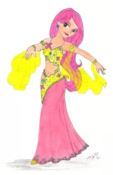 Size: 717x1115 | Tagged: artist:zellykat, bedroom eyes, belly button, belly dancer, belly dancer outfit, clothes, derpibooru import, ear piercing, eyeshadow, fluttershy, human, humanized, long skirt, makeup, midriff, piercing, safe, skirt, solo, traditional art