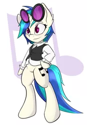 Size: 679x972 | Tagged: safe, artist:rainbro-stache, derpibooru import, vinyl scratch, pony, bipedal, bottomless, clothes, solo, standing, vest