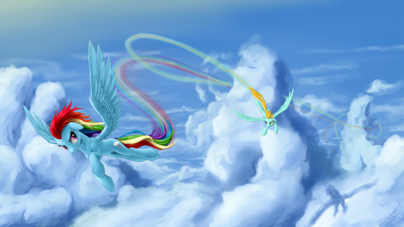 Size: 1600x900 | Tagged: safe, artist:1jaz, derpibooru import, lightning dust, rainbow dash, pegasus, pony, action pose, cloud, cloudy, duo, female, flying, mare, racing, rainbow trail, sky, speed trail, trail