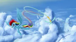Size: 1600x900 | Tagged: safe, artist:1jaz, derpibooru import, lightning dust, rainbow dash, pegasus, pony, action pose, cloud, cloudy, duo, female, flying, mare, racing, rainbow trail, sky, speed trail, trail