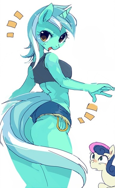 Size: 381x623 | Tagged: anthro, anthro ponidox, artist:pasikon, ass, bon bon, breasts, clothes, daisy dukes, derpibooru import, eyes on the prize, looking at you, looking back, lyra heartstrings, midriff, open mouth, shorts, smiling, suggestive, sweetie drops, wedgie, wide eyes