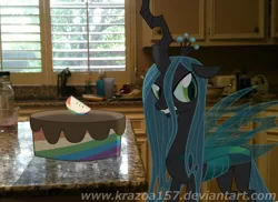 Size: 1872x1362 | Tagged: angry, artist:krazoa157, cake, derpibooru import, kitchen, ponies in real life, queen chrysalis, safe, solo, vector, zap apple