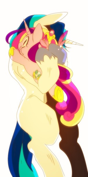 Size: 500x1000 | Tagged: age regression, artist:naoki, crying, derpibooru import, filly, hug, princess cadance, safe, shining armor