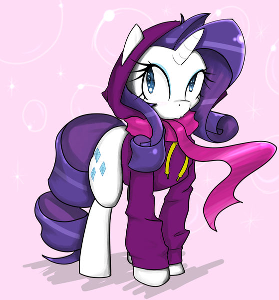 Size: 1280x1375 | Tagged: safe, artist:acharmingpony, derpibooru import, rarity, pony, unicorn, clothes, cute, female, hoodie, mare, pink background, raribetes, scarf, simple background, solo