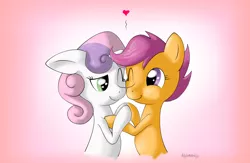 Size: 1500x975 | Tagged: artist:shoroch, cuddling, derpibooru import, female, heart, lesbian, safe, scootabelle, scootaloo, shipping, snuggling, sweetie belle