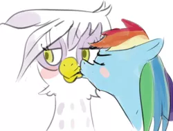 Size: 790x601 | Tagged: safe, artist:polyle, derpibooru import, gilda, rainbow dash, gryphon, blushing, female, gildash, kissing, lesbian