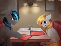 Size: 1600x1200 | Tagged: safe, artist:spittfireart, derpibooru import, oc, unofficial characters only, pegasus, pony, booth, commission, diner, female, looking at each other, male, mare, restaurant, smiling, stallion, table