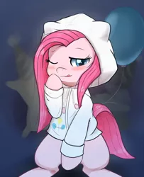 Size: 810x1000 | Tagged: safe, artist:aymint, derpibooru import, pinkie pie, balloon, clothes, cute, cuteamena, hoodie, pinkamena diane pie, pixiv, solo, tongue out