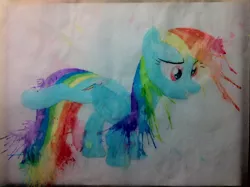 Size: 1280x956 | Tagged: safe, artist:shadowbolt240z, derpibooru import, rainbow dash, pegasus, pony, call of the cutie, derp, faic, female, grin, mare, photo, raised leg, silly, silly pony, solo, traditional art, watercolor painting
