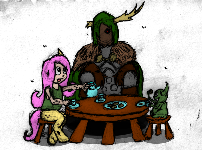 Size: 1089x807 | Tagged: safe, artist:dreadlime, derpibooru import, oc, oc:ivy, unofficial characters only, hybrid, satyr, champion of nurgle, cookie, nurgle, offspring, parent:fluttershy, tea party, warhammer fantasy, warhammer (game)