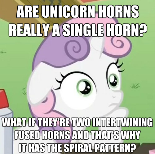 Size: 500x498 | Tagged: safe, derpibooru import, edit, edited screencap, screencap, sweetie belle, pony, unicorn, ponyville confidential, female, filly, floppy ears, headcanon, image macro, meme, overthinking it, solo, sudden clarity sweetie belle, text, theory