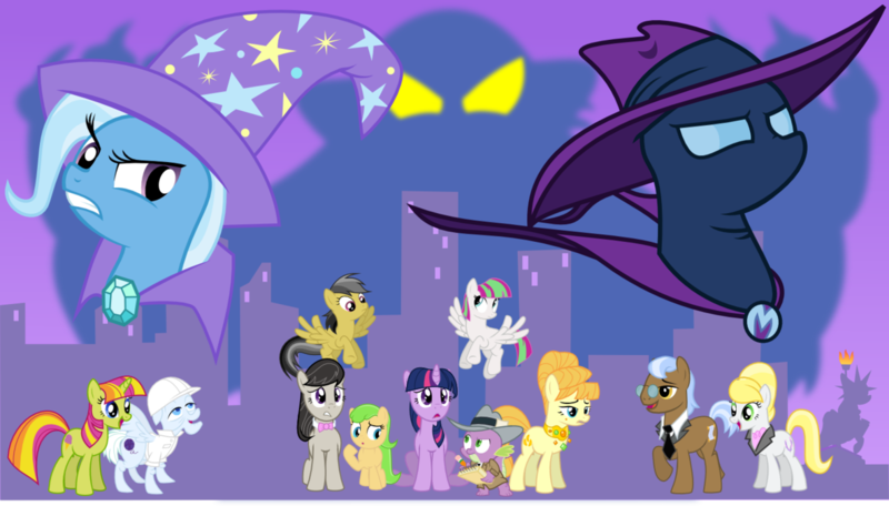 Size: 1183x674 | Tagged: alternate universe, apple family member, apple squash, artist:punzil504, aunt orange, blossomforth, dainty dove, daring do, derpibooru import, fanfic art, foggy fleece, justah bill, life in manehattan, manehattan, manehattan 6, manehattan verse, mare do well, nana knits, octavia melody, safe, spike, sweetcream scoops, tall order, tangerine, trixie, twilight sparkle, unnamed pony, ursa minor