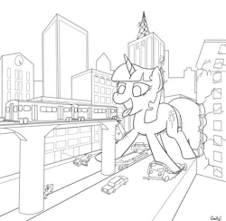 Size: 2014x1963 | Tagged: safe, artist:rapidstrike, derpibooru import, twilight sparkle, pony, car, city, crushing, fetish, giant pony, giantess, imminent vore, lineart, macro, monochrome, omnivore twilight, ponies eating humans, solo, train, twipred