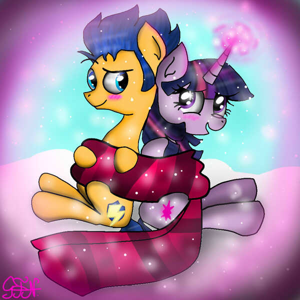 Size: 1000x1000 | Tagged: safe, artist:ghostfacenikol, derpibooru import, flash sentry, twilight sparkle, clothes, female, flashlight, glowing horn, male, scarf, shared clothing, shared scarf, shipping, straight