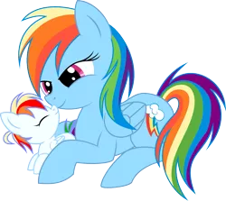 Size: 1011x903 | Tagged: safe, artist:ryouxiii, derpibooru import, rainbow dash, oc, oc:roy, pony, baby, baby pony, colt, cute, foal, male, mother and son, ocbetes, offspring, parent:rainbow dash, parent:unnamed oc, parents:canon x oc
