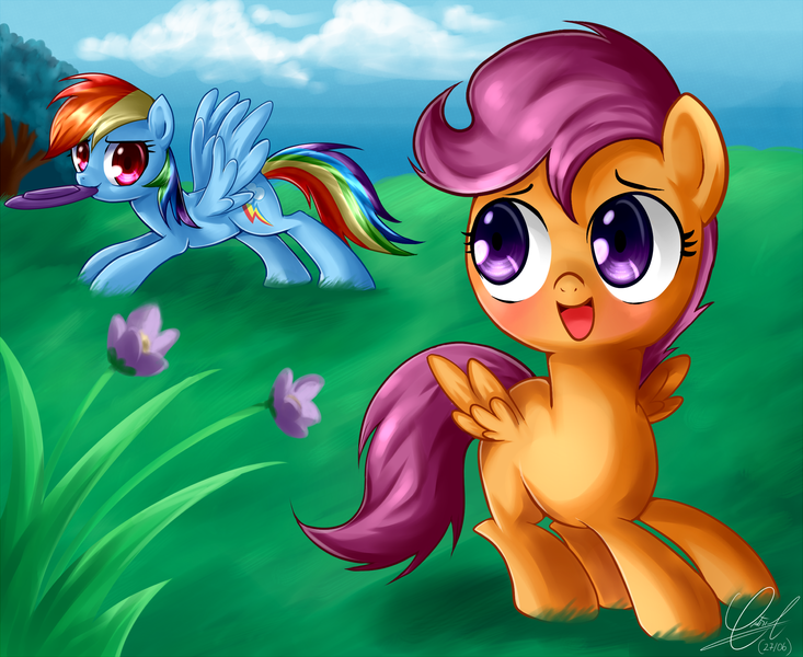 Size: 2000x1636 | Tagged: artist:zorbitas, derpibooru import, flower, frisbee, grass, playing, rainbow dash, safe, scootaloo, scootalove